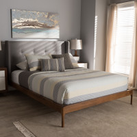 Baxton Studio BBT6653-Grey-King-XD45 Brooklyn Mid-Century Modern Walnut Wood Grey Fabric King Size Platform Bed